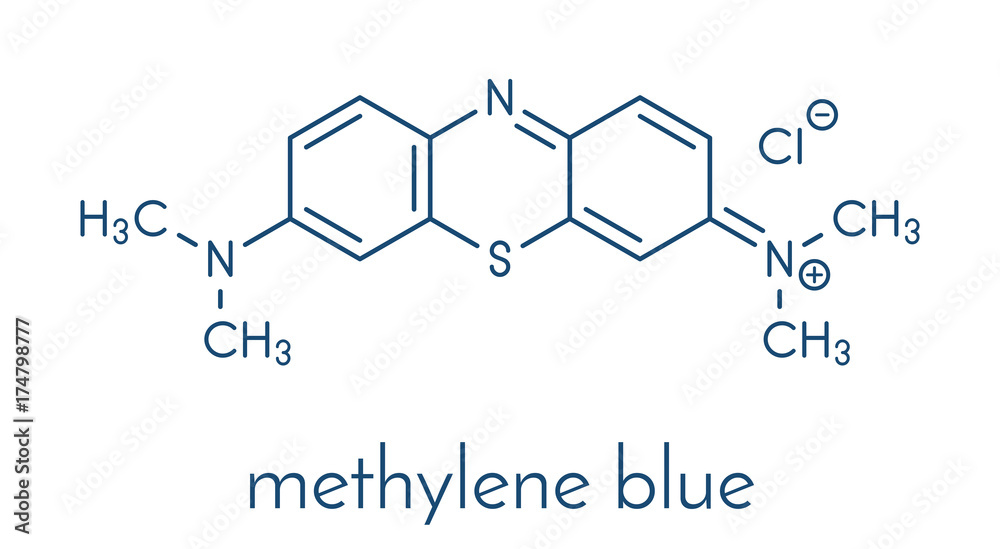 Methylene blue (methylthionium chloride) dye molecule. Skeletal formula. Methylene blue (methylthionium chloride) dye molecule. Skeletal formula.
