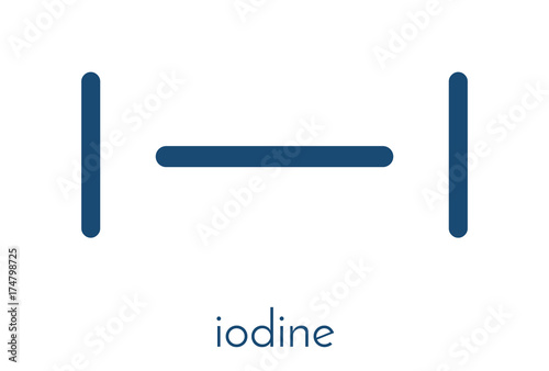 Iodine (I2) molecule. Solutions of elemental iodine are used as disinfectants. Skeletal formula.