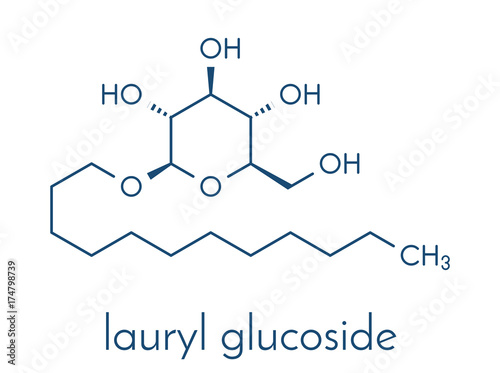 Lauryl glucoside (dodecyl glucoside) non-ionic surfactant molecule. Mild detergent, often used in cosmetics, shampoos, etc. Glycoside produced from lauryl alcohol and glucose. Skeletal formula.