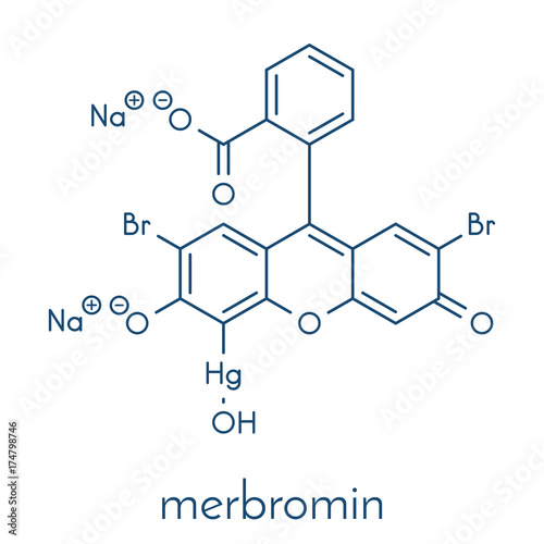 Merbromin topical antiseptic molecule. Used to treat wounds. Contains mercury. Skeletal formula.