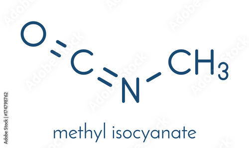 Methyl isocyanate (MIC) toxic molecule. Important chemical that was responsible for thousands of deaths in the Bhopal disaster. Skeletal formula.