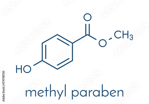 Methyl paraben preservative molecule. Skeletal formula. photo