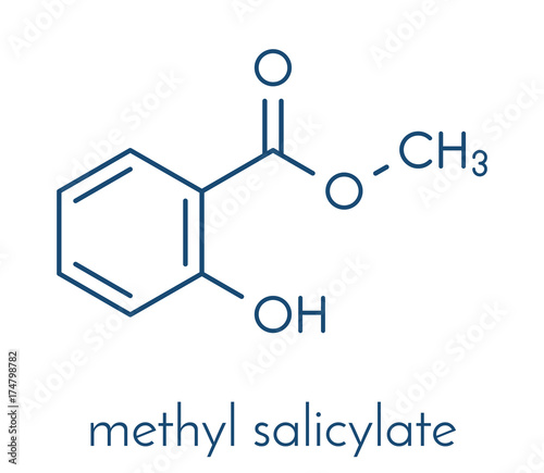 Methyl salicylate (wintergreen oil) molecule. Acts as rubefacient. Used as flavoring agent and fragrance. Skeletal formula.