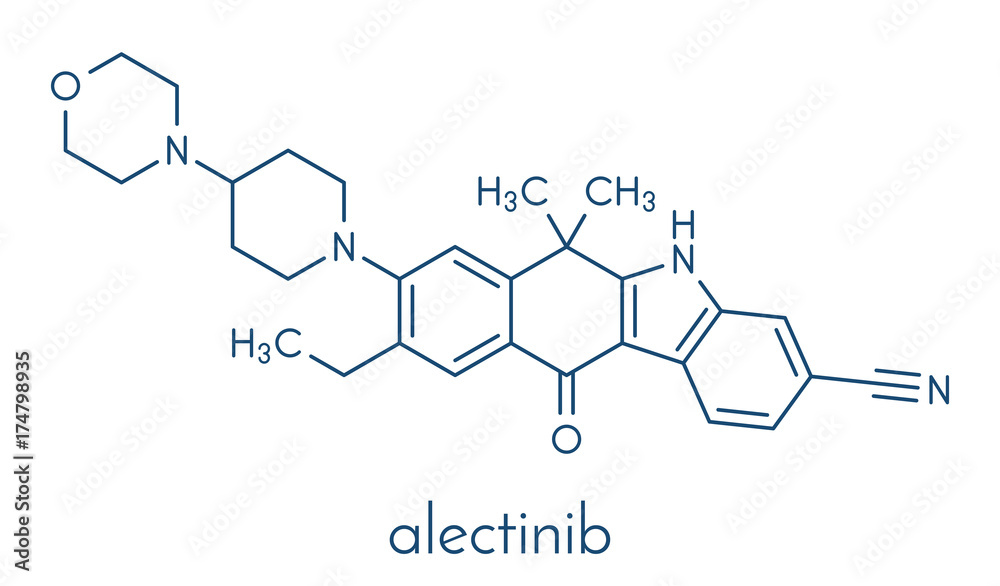 Alectinib cancer drug molecule. Skeletal formula.