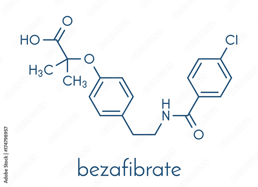 Bezafibrate hyperlipidemia drug molecule (fibrate class). Skeletal formula.