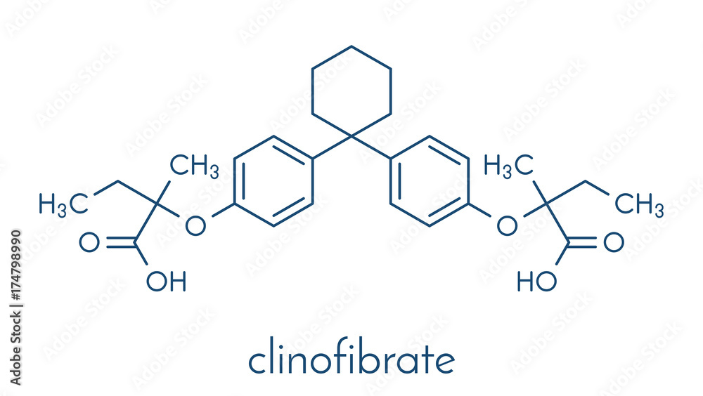 Clinofibrate hyperlipidemia drug molecule (fibrate class). Skeletal formula.