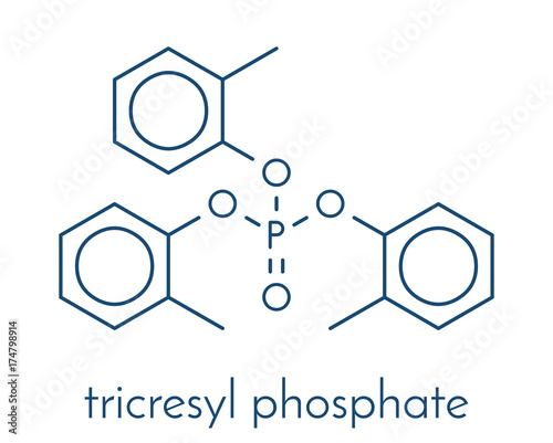 Tricresyl phosphate (TCP) molecule. Used as plasticizer, for waterproofing, as flame retardant, etc. Known to be neurotoxin. Skeletal formula. photo