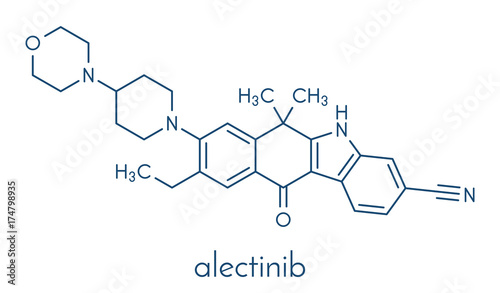 Alectinib cancer drug molecule. Skeletal formula.