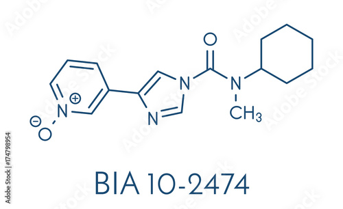 BIA 10-2474 experimental drug molecule. Fatty acid amide hydrolase (FAAH) inhibitor that caused severe adverse events in a clinical trial in France in 2016. Skeletal formula.