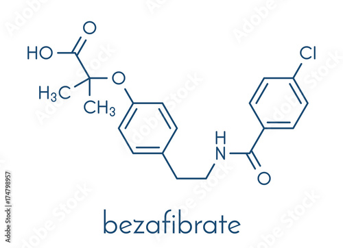 Bezafibrate hyperlipidemia drug molecule (fibrate class). Skeletal formula.