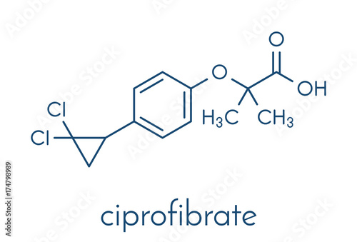 Ciprofibrate hyperlipidemia drug molecule (fibrate class). Skeletal formula.