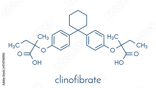Clinofibrate hyperlipidemia drug molecule (fibrate class). Skeletal formula.