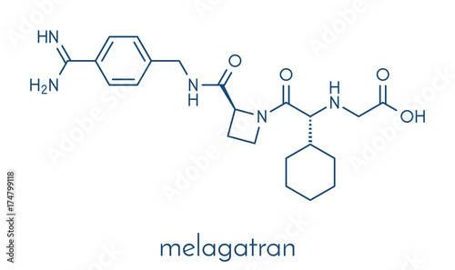 Melagatran anticoagulant drug molecule (direct thrombin inhibitor). Skeletal formula.