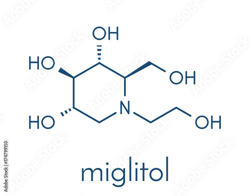 Miglitol diabetes drug molecule. Skeletal formula.
