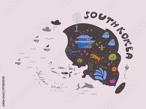 Hand-drawn map of Korea vector illustration, design