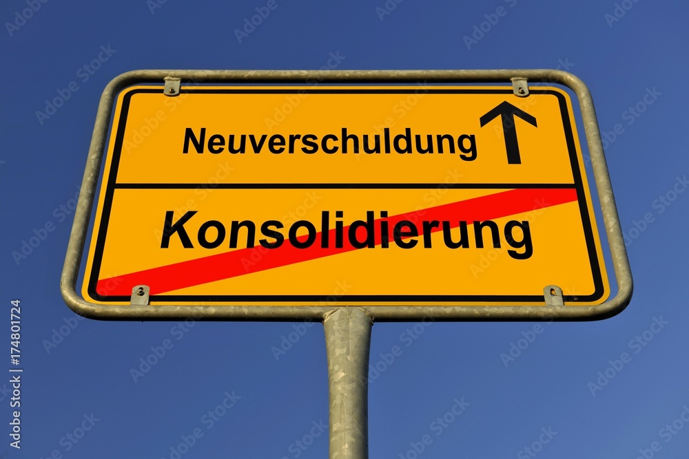 Town city, city limits, Neuverschuldung and Konsolidierung, German for new indebtedness and consolidation, symbolic image for contradiction between new indebtedness and consolidation Town city, city limits, Neuverschuldung and Konsolidierung, German for new indebtedness and consolidation, symbolic image for contradiction between new indebtedness and consolidation