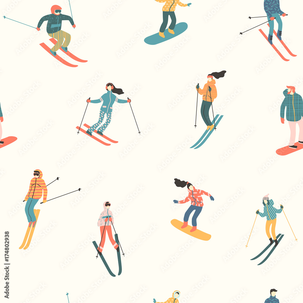 Vector illustration of skiers and snowboarders. Seamless pattern.