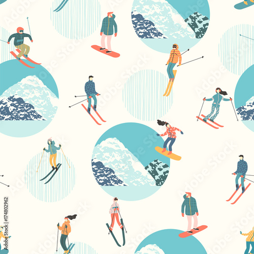 Vector illustration of skiers and snowboarders. Seamless pattern.
