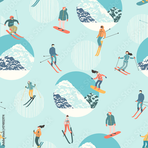 Vector illustration of skiers and snowboarders. Seamless pattern.