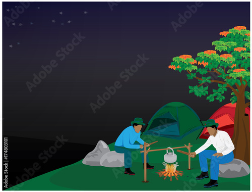 the man cartoon camp in forest vector design