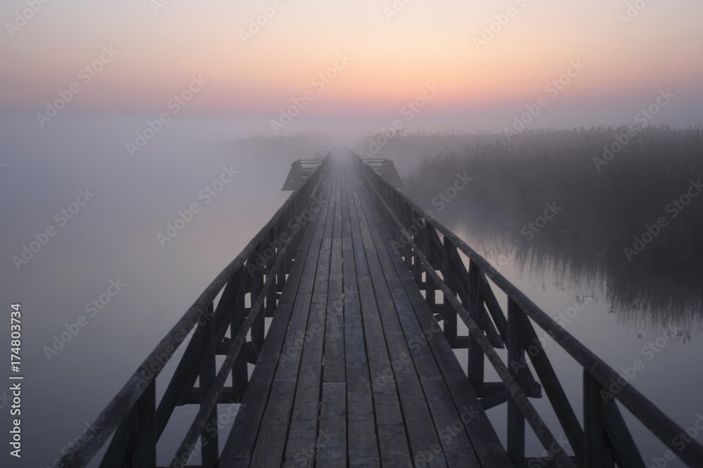 View from the jetty over the Federsee lake before sunrise, nature reserve near Bad Buchau, Biberach administrative district, Upper Swabia, Baden-Wurttemberg, Germany, Europe