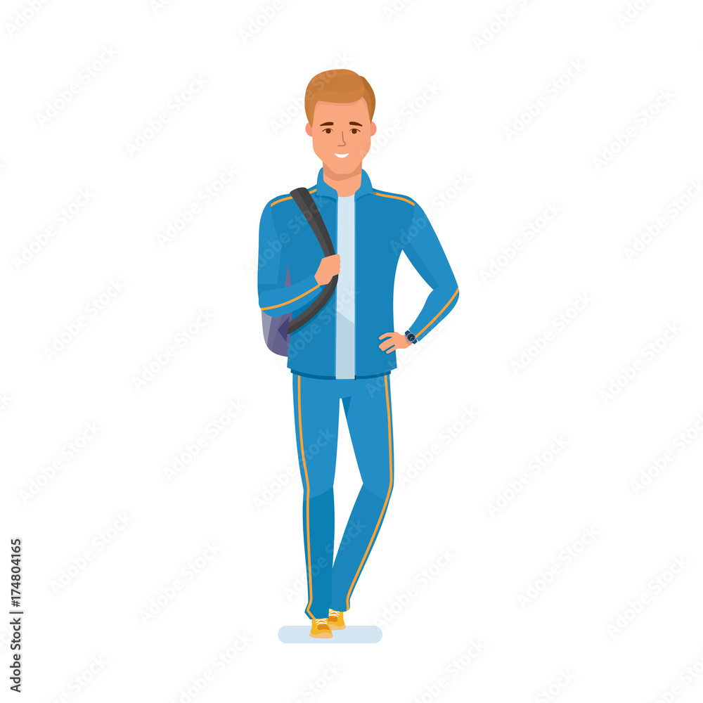 Young athlete, with bag on shoulder, goes to training. Young athlete, with bag on shoulder, goes to training.