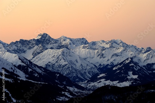 Panoramic view of mountain peaks, at sunset, Allgaeu Alps, Tyrol, Austria, Europe