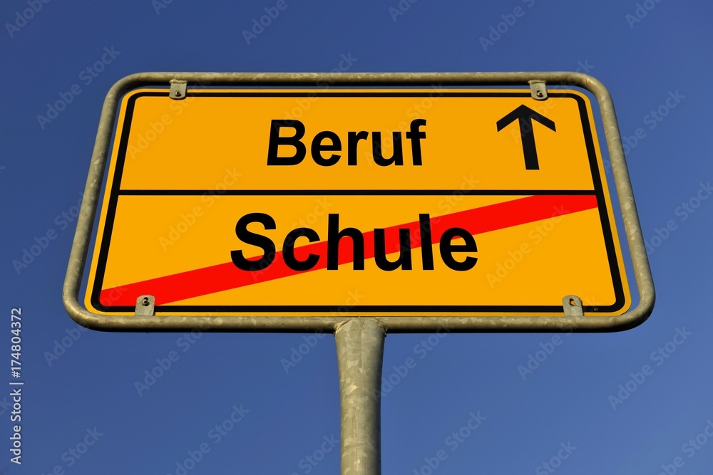 Sign, city limit, symbolic image for the transition from Schule or school to Beruf or work