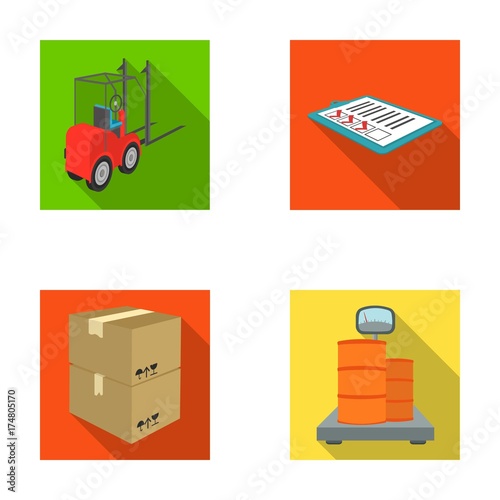 Forklift, delivery slips, packaged goods, cargo on weighing scales. Logistics and delivery set collection icons in flat style isometric vector symbol stock illustration web.