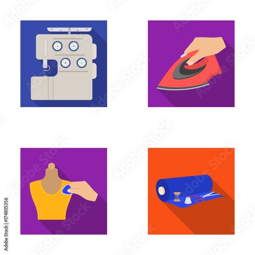 Electric sewing machine, iron for ironing, marking with chalk clothes, roll of fabric and other equipment. Sewing and equipment set collection icons in flat style vector symbol stock illustration web.