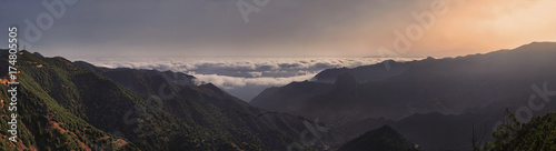 Panorama, sunrise with trade wind clouds from the fertile valley of Vallehermoso, La Gomera, Canary Islands, Spain, Europe © imageBROKER