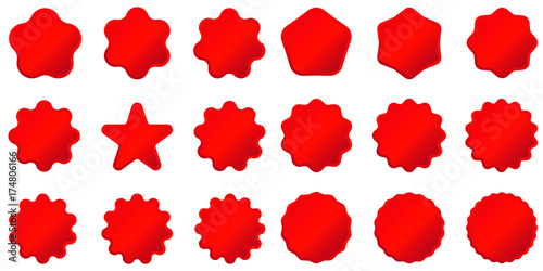 Red Postal stamps and postmarks. Collection different starburst. Set sunburst badges