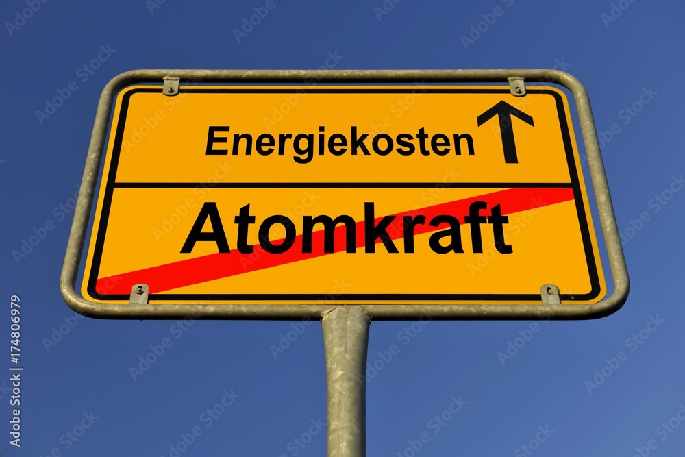 City limit sign, symbolic image in German for phasing out nuclear power stations and rising energy costs, electricity prices City limit sign, symbolic image in German for phasing out nuclear power stations and rising energy costs, electricity prices