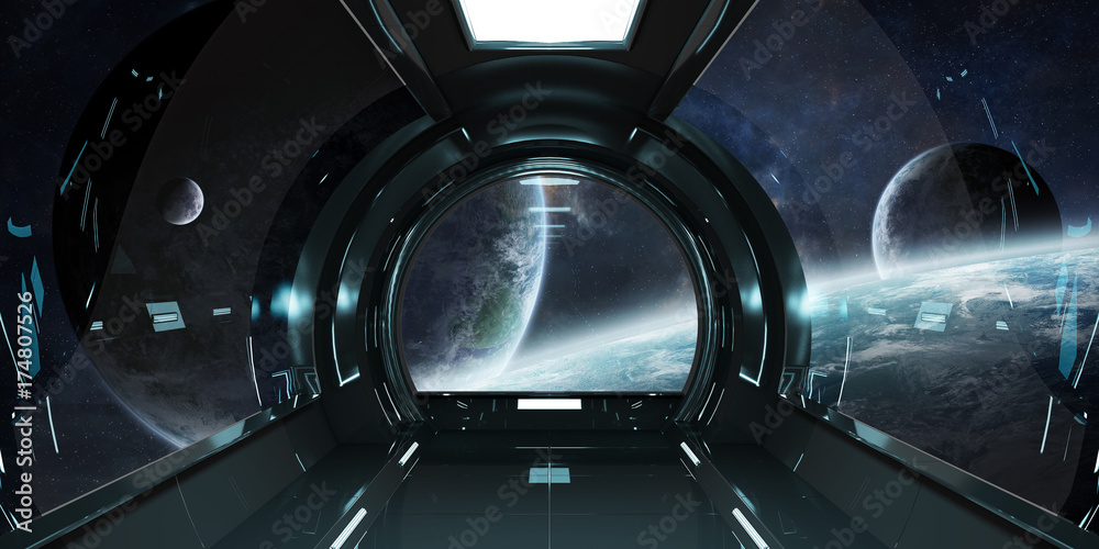 Fototapeta premium Wnętrze statku kosmicznego z widokiem na planety Elementy renderowania 3D tego obrazu dostarczone przez NASA