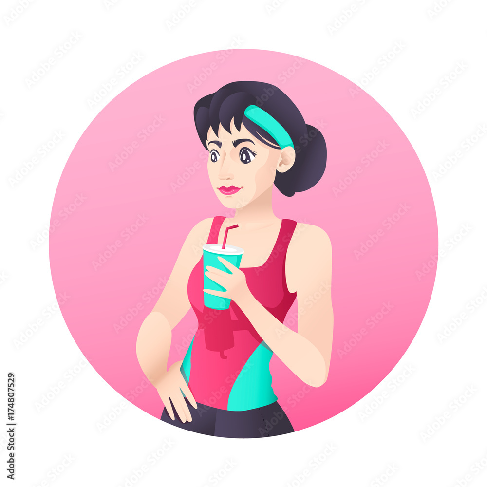 Sport yoga girl in leggings with smoothie vector white and pink background Sport yoga girl in leggings with smoothie vector white and pink background