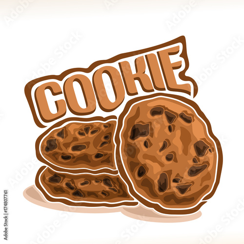 Vector logo for homemade Cookie, original typography typeface for brown word cookie, illustration of fresh biscuits for cafe menu, heap of traditional rustic rye cookies with chocolate chips on white