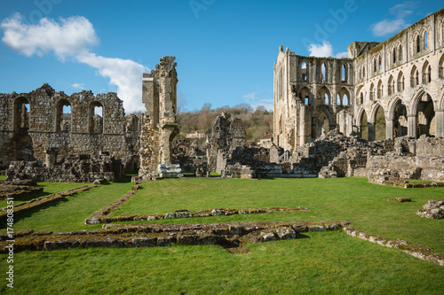 England, North Yorkshire, Rievaulx. Ruins of 13th century Rievaulx Abbey. Former Cistercian monastery.