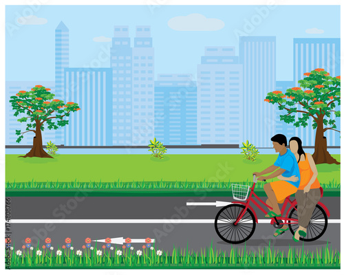 one man and lady on bicycle at park in city vector design