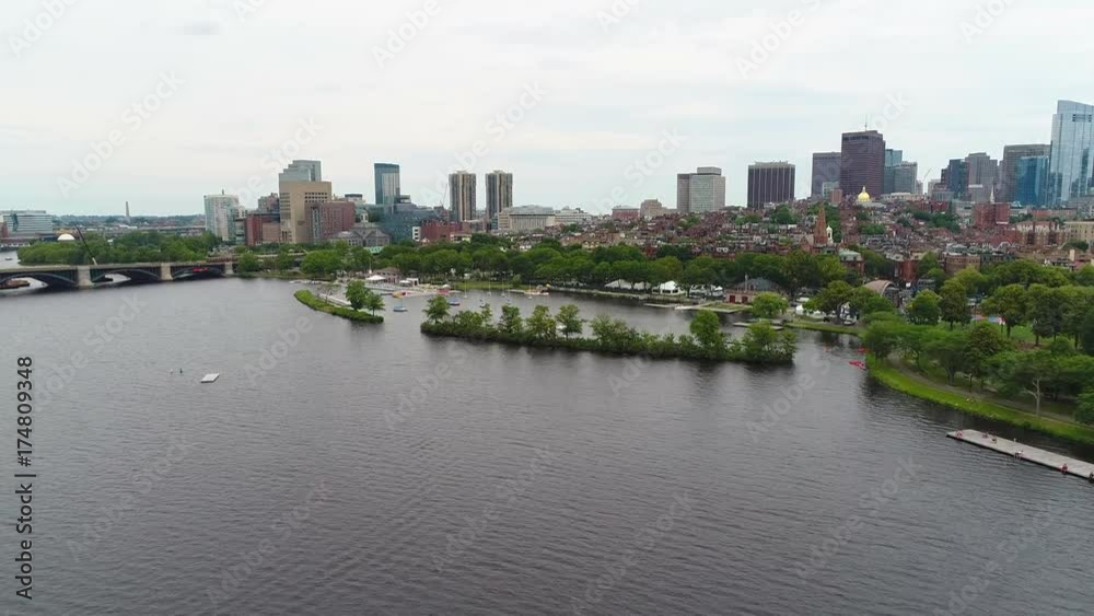 Aerial drone shot Charles River Community sailing Boston