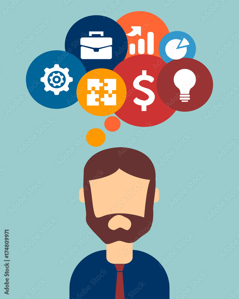 Business concept with male avatar and icons in colorful bubbles