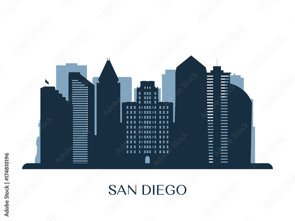 San Diego skyline, monochrome silhouette. Vector illustration.