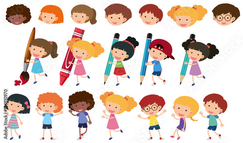 Happy children with different writing tools