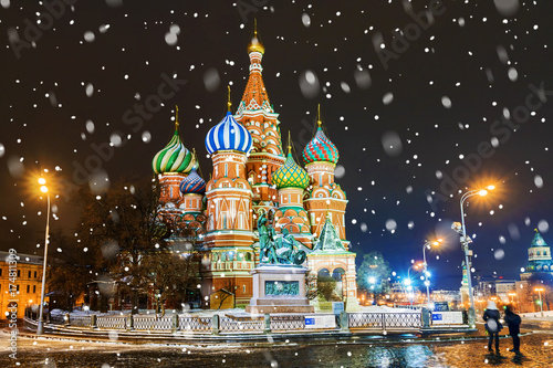 Night view of St. Basil's Cathedral in Moscow winter