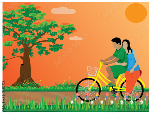 one man and lady on bicycle at park in city vector design