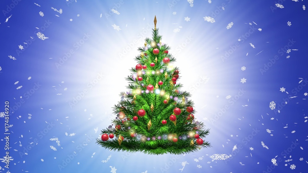 green Christmas tree over blue background with snowflakes and red balls