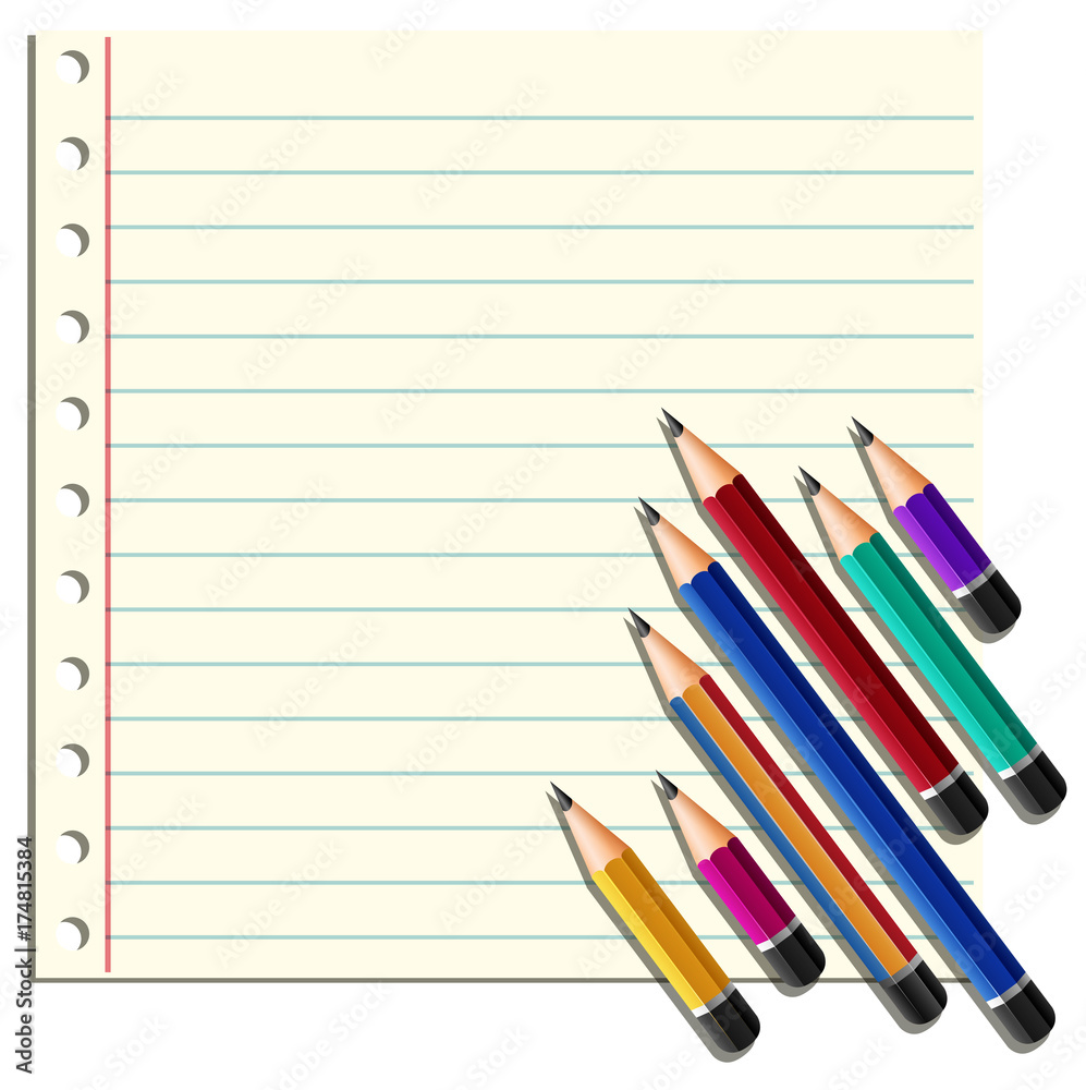 Line paper and many pencils on the right Line paper and many pencils on the right