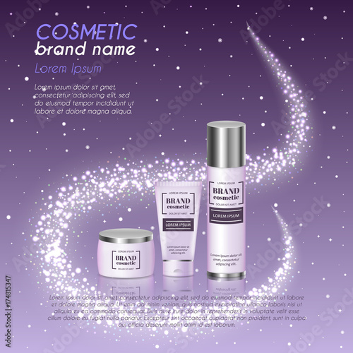 3D realistic cosmetic bottle ads template. Cosmetic brand advertising concept design with glittering dust background