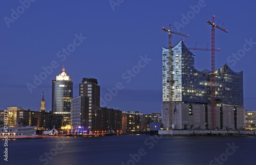 Night view, port of Hamburg, Kehrwiederspitze and ElbphilharmoniePhilharmonic Hall, Hafencity district, Hamburg, Germany, Europe