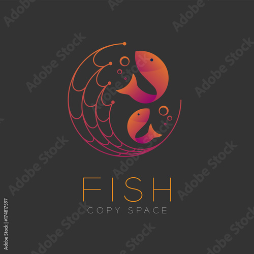 Fish symbol icon and fishing net, air bubble set orange violet gradient color design illustration isolated on dark background with Fish text and copy space, vector eps10