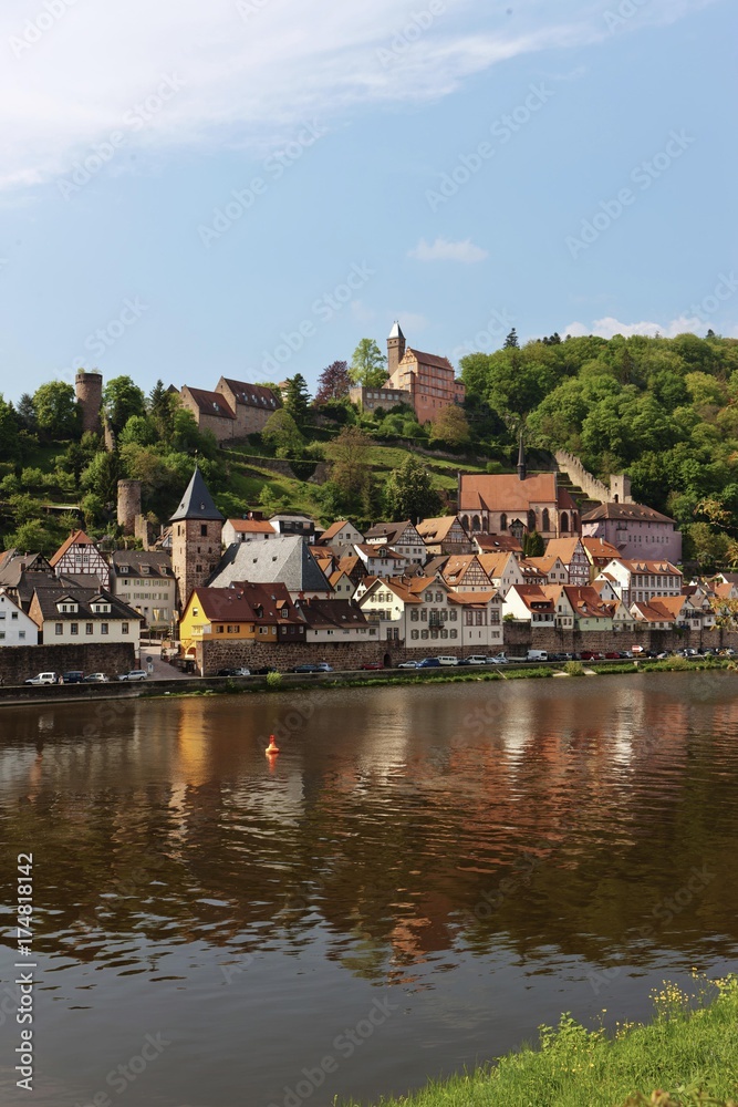 View of the town with Hirschhorn Castle, Marktkirche Church, the Carmelite Monastery and the Neckar River, Hirschhorn, Neckartal-Odenwald Nature Reserve, Hesse, Germany, Europe, PublicGround, Europe